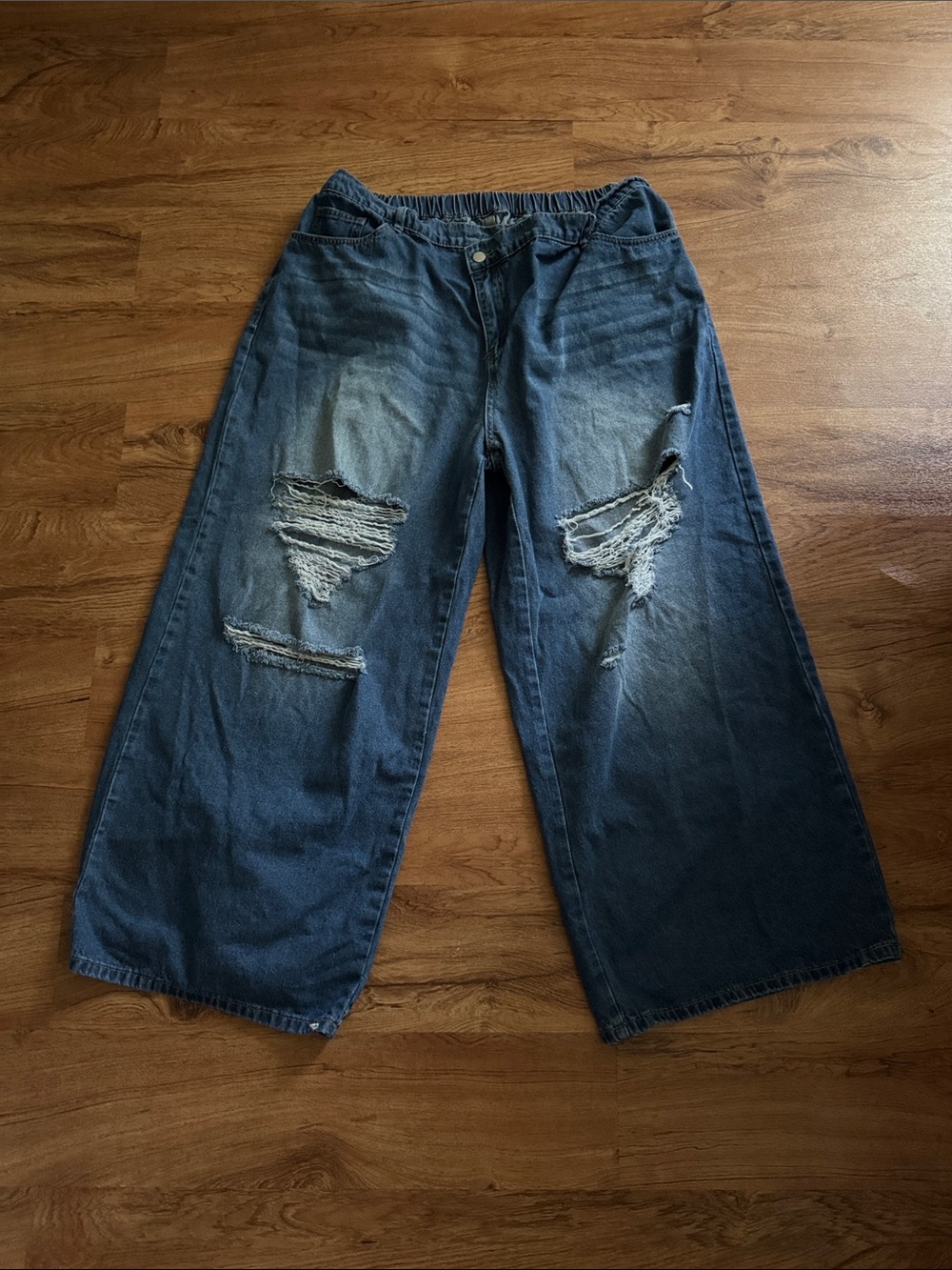 SHEIN Distressed Wide Leg Ripped Jeans - Dark Blue